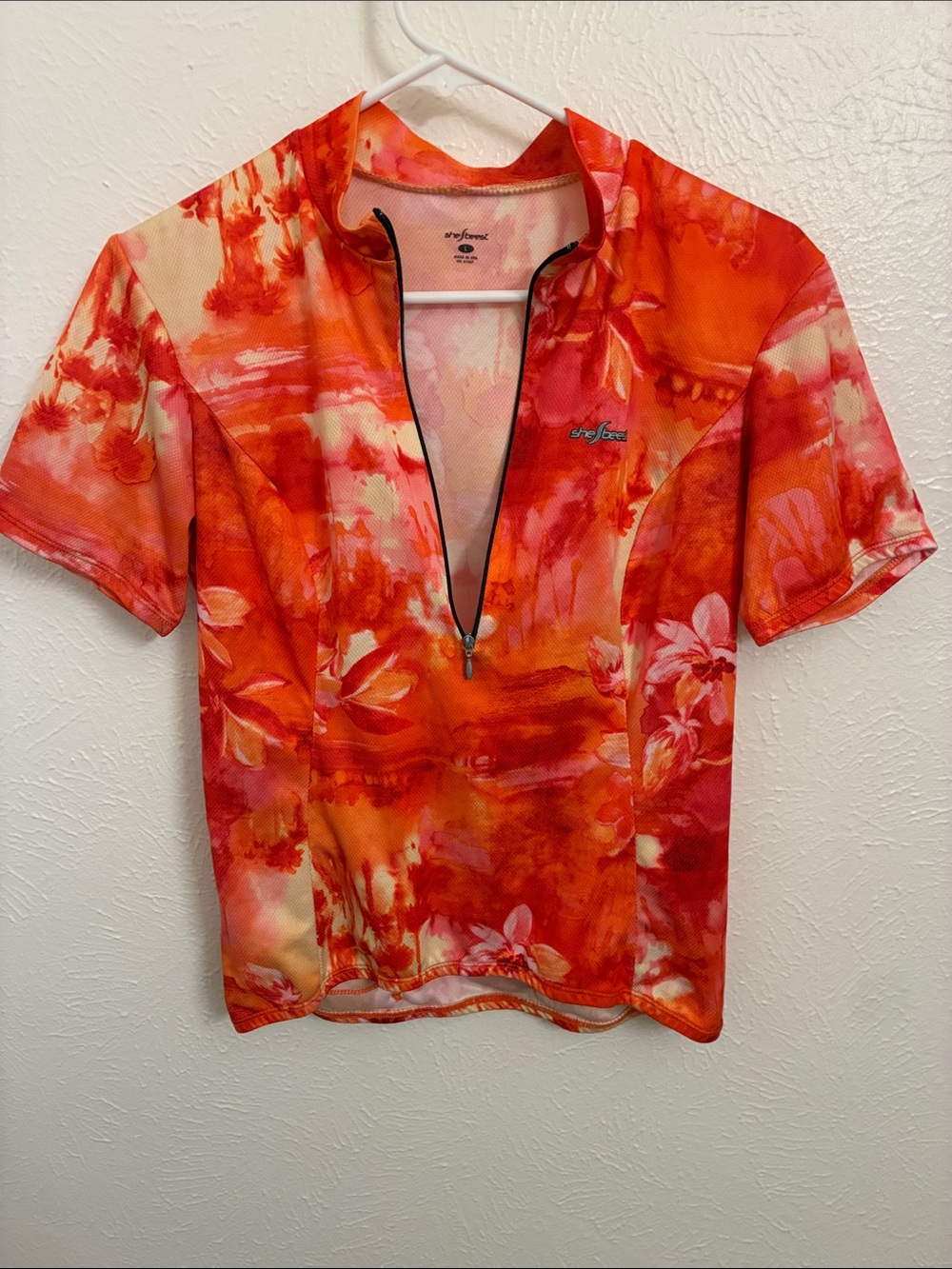 shebeest Red-Orange Floral Zip-Front Cycling Jersey